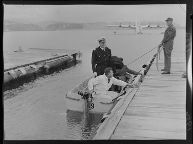 New Zealand chief of naval staff (rear-admiral) J E H McBeath with chief of air staff (air vice-marshal) C E Kay on their way to Fiji on a flying boat