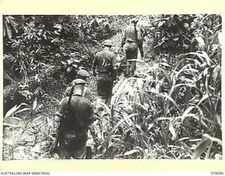 WARAPA AREA, BOUGAINVILLE ISLAND. 1945-02-13. TROOPS OF "A" COMPANY, 61ST INFANTRY BATTALION MOVING OUT ON A PATROL