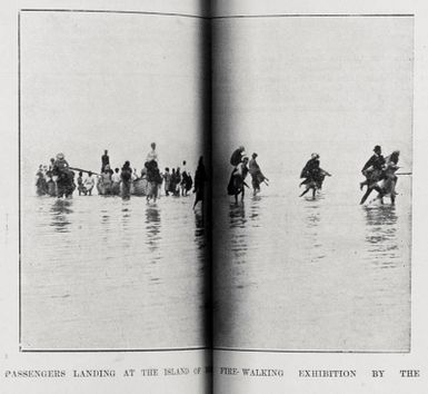 Passengers from the S S Waikare landing on Bega Island, Fiji to view a fire walking exhibition