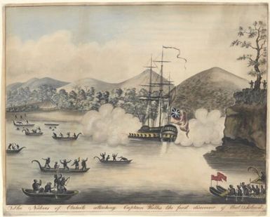 The natives of Otaheite [i.e. Tahiti] attacking Captain Wallis, the first discoverer of that island