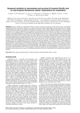 Seasonal variation in movements and survival of invasive Pacific rats on sub-tropical Henderson Island: implications for eradication.