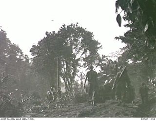 THE SOLOMON ISLANDS, 1945-04-24/27. AUSTRALIAN TROOPS ON THE MOVE WITH A MATILDA TANK OF THE 2/4TH ARMOURED REGIMENT PASSING NATIVES ON THE ROADSIDE AS TWO RNZAF CORSAIR AIRCRAFT FLY OVERHEAD ON ..