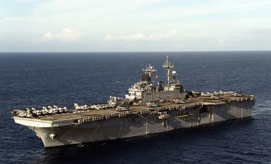 Port bow view of the Wasp class amphibious assault ship USS BOXER (LHD-4) as she returns to Hawaii at the end of exercise RIMPAC '98