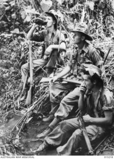 Wau-Mubo Area, on the Mubo track, members of a 24th Battalion patrol stop for a rest. Identified, left to right: VX151689 Private (Pte) Ian Patterson, Vic; V281140 Pte Frank Geoffrey Horsey, of ..