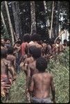 Hunting: men and boys gather to see a wild boar that has been speared, man on right carries a shotgun