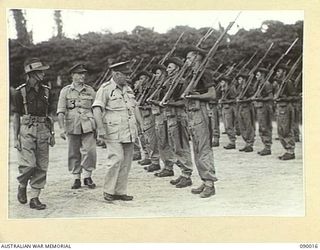 TOROKINA, BOUGAINVILLE. 1945-03-24. GENERAL SIR THOMAS A. BLAMEY, COMMANDER IN CHIEF, ALLIED LAND FORCES, SOUTH WEST PACIFIC AREA (1), WITH LIEUTENANT R.S. JACKSON (2), AND LIEUTENANT GENERAL S.G. ..