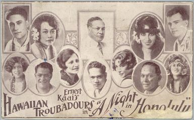 [Postcard]. Ernest Kaai's Hawaiian Troubadours in "A night in Honolulu". Town Hall, Greytown. Tuesday November 22 [1927]