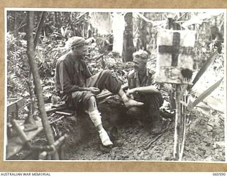 SATTELBERG AREA, NEW GUINEA. 1943-11-15. NX80381. PRIVATE W. W. BURNS OF BEXLEY, NSW, REGIMENTAL AID POST ORDERLY OF HEADQUARTERS, 26TH AUSTRALIAN INFANTRY BRIGADE BANDAGING THE LEG OF WX4401 ..