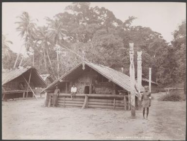 Villagers outside a gamal at Eteete, Ugi, Solomon Islands, 1906 / J.W. Beattie