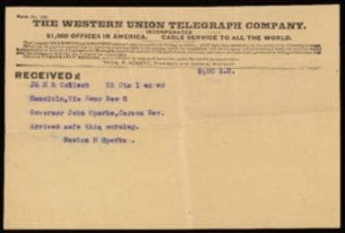 Telegram to John Sparks from Benton H. Sparks