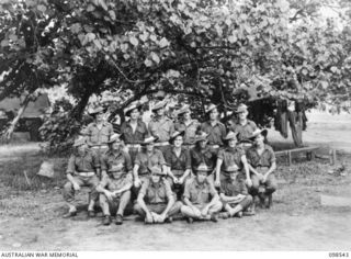 TOROKINA, BOUGAINVILLE, 1945-10-29. MEMBERS OF NO. 14 PLATOON, 15TH INFANTRY BATTALION. LEFT TO RIGHT, FRONT ROW: QX52652 PRIVATE (PTE) D. J. GRANT, OF JULIA CREEK, QLD; QX62711 PTE J. MOYLAN, OF ..