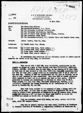 USS STOCKHAM - AA Act Rep, 6/19/44, West of Guam Island, Marianas