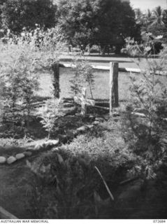 HIGITURA, NEW GUINEA. 1944-04-27. A SMALL PLOT IN THE SANGARA MISSION GROUNDS WHICH CONTAINS THE GRAVES OF MAY HAYMAN, (MARKED BY THE CROSS IN THE PICTURE), MAVIS PARKINSON, AND LUCIAN TAPIEDE, ..