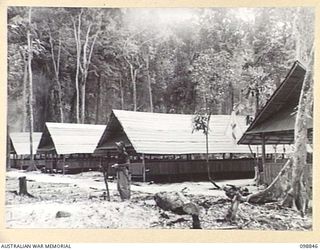 FAURO ISLAND, BOUGAINVILLE AREA. 1945-11-11. THE REGIMENTAL AID POST AND MEDICAL WARDS OF NO. 9 JAPANESE AREA. LIEUTENANT COLONEL H.L.E. DUNKLEY, COMMANDING OFFICER, 7 INFANTRY BATTALION, ..