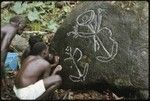 Men drawing on rock carvings