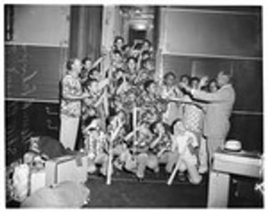 19 members of Hilo, Hawaii Boy's Club arrive at Union Station, 1955