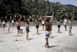 French Polynesia, school children exercising outdoors on Tahiti Island