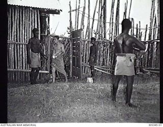 SEGI, NEW GEORGIA. BRITISH SOLOMON ISLANDS PROTECTORATE. C.1944. GUARDED BY NATIVE POLICE, A JAPANESE PRISONER OF WAR RETURNS TO HIS QUARTERS AFTER TAKING A BATH IN THE STOCKADE. (NAVAL HISTORICAL ..