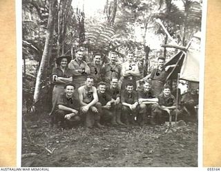 NEW GUINEA, 1943-07-27. TROOPS OF THE 2/5TH BATTALION, "Q" STAFF, AT THE GOODVIEW DROPPING GROUND. LEFT TO RIGHT:- BACK ROW:- VX4339 PRIVATE (PTE) J. DOUGLAS; VX52806 LANCE CORPORAL R. J. REDRUP; ..