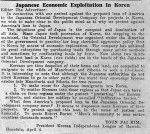 Japanese Economic Exploitation in Korea, letter to the Editor by Youn Pai Kim, Pres. Korean Independence League of Hawaii, April 4