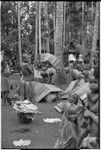 Mortuary ceremony, Omarakana: women unfold mats to cover themselves and banana leaf bundles and skirts from rain