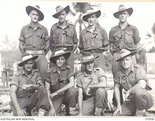 NAGADA, NEW GUINEA. 1944-09-12. PERSONNEL OF THE 5TH FIELD COMPANY. NX49321 SAPPER R.H. SMITH (1); WX29108 SAPPER L.A. ROGERS (2); N199128 SAPPER J.G. PARKES (3); NX124398 LANCE CORPORAL F.O. ..