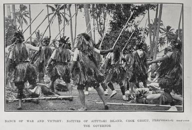 Natives of Aitutaki performing a dance of war and victory before the Governor, Earl of Liverpool