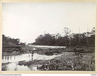 TOL, NEW BRITAIN, 1945-08-01. VIEW SHOWING THE APPROACHES TO THE WALWUT RIVER BRIDGE, ON LEFT, IN 4 FIELD COMPANY, ROYAL AUSTRALIAN ENGINEERS, AREA. LOGS AND DEBRIS IS ALL THAT REMAINED AFTER FLOOD ..