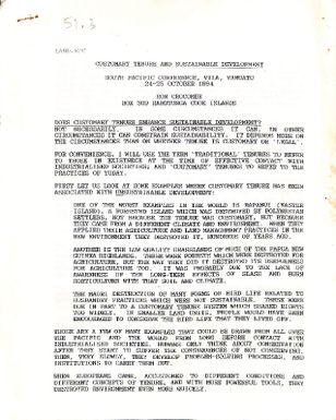 Customary Tenure and Sustainable Development. (South Pacific Conference, Vila Vanuatu 24-25 October 1994.