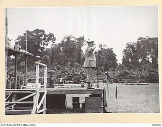 BOUGAINVILLE. 1945-06-08. GENERAL SIR THOMAS A. BLAMEY, COMMANDER-IN-CHIEF, ALLIED LAND FORCES, SOUTH WEST PACIFIC AREA (1), TAKES THE GENERAL SALUTE FROM 7 INFANTRY BRIGADE DURING THE MARCH PAST ..