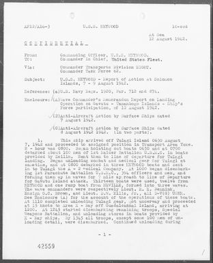 USS HEYWOOD - Report of Action at Solomon Islands, Aug 7-9, 1942 (Enc A-C)