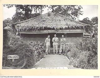 NADZAB, NEW GUINEA. 1945-04-07. THE PERSONAL ASSISTANT AND AIDES-DE-CAMP HUT, HEADQUARTERS FIRST ARMY. IDENTIFIED PERSONNEL ARE:- CAPTAIN K.J.T. BIERI, PERSONAL ASSISTANT TO CHIEF OF GENERAL STAFF ..