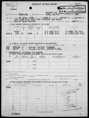 VMSB-245 - ACA report #206 - Bombing targets in the Yap Area, Carolines on 4/24/45