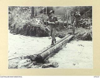 FARIA VALLEY, NEW GUINEA. 1944-02-10. PERSONNEL OF THE 2/10TH INFANTRY BATTALION LAYING A LINE ACROSS MAIN STREAM IN FARIA VALLEY. THEY ARE RETURNING TO THE RAMU VALLEY AFTER BEING RELIEVED BY THE ..