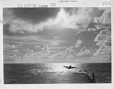 F6F takes off from USS Lexington (CVA 16) for third day of strikes in attack on Mili Atoll, Marshall Islands.