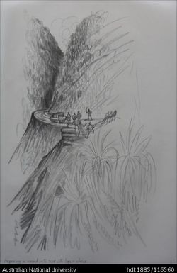 repairing a wound in the road with logs and chains