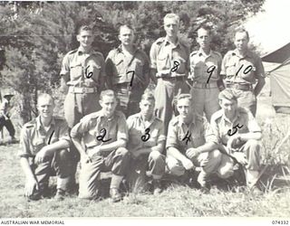 BULOLO, NEW GUINEA. 1944-07. "A" AND "Q" STAFF PERSONNEL OF HEADQUARTERS, 11TH DIVISION. IDENTIFIED PERSONNEL ARE:- NX114847 SERGEANT N.W. GRIFFITHS (1); NX111822 CAPTAIN H. KELLY, ACTING DEPUTY ..
