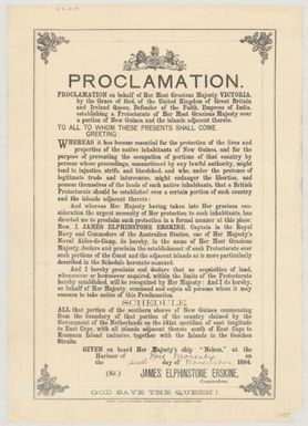 Proclamation on behalf of Her Most Gracious Majesty Victoria..., establishing a protectorate... adjacent thereto : ... I, James Elphinstone Erskine... declare and proclaim the establishment of such protectorate over such portions... as is... described in the schedule... / (Sd) James Elphinstone Erskine.