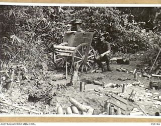 MUBO, NEW GUINEA, 1943-07-27. AN ABANDONED JAPANESE MOUNTAIN GUN AND AMMUNITION, RECOVERED BY THE AMERICANS FROM A DUGOUT AT KITCHENS CREEK. NX12228 CAPTAIN L.C. MCLARN MC, (LEFT) AND VX14044 MAJOR ..