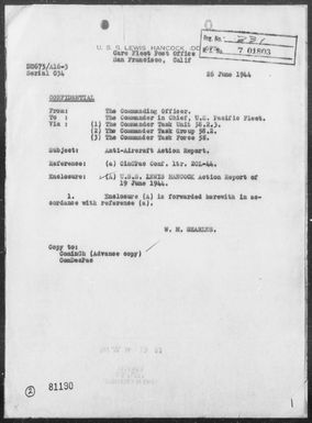 USS LEWIS HANCOCK - AA Action Report, 6/19/44 - Northwest of Guam Island, Marianas