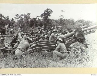 1943-05-11. NEW GUINEA. 25 POUNDER GUNS ON A PRACTICE SHOOT. (NEGATIVE BY N. BROWN)