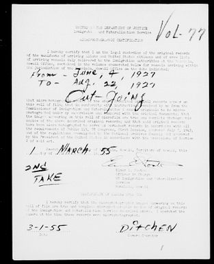 Volume 77: Immigration Service Forms, June 4, 1927 - August 22, 1927