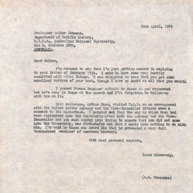 Correspondence between Ron Crocombe and Walter Johnson (Australian National University)