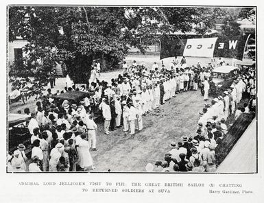 Admiral Lord Jellicoe's visit to Fiji: the great British sailor (x) chatting to returned soldiers at Suva