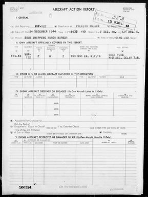 VMF-122 - ACA Report #44 â Bombing of Shipping in Harbor of Small Island Southeast of Koror Island, Palau Island on 12/14/44