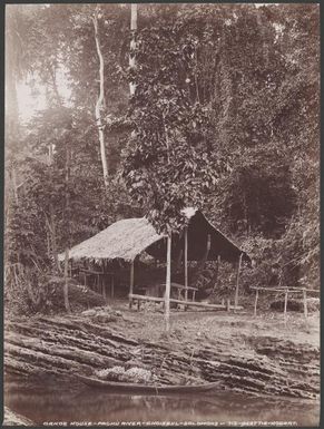 Canoe house at Pachu River, Choiseul, Solomon Islands, 1906 / J.W. Beattie