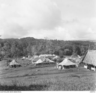 KOITAKI, NEW GUINEA. 1943-11-03. GENERAL VIEW OF THE 47TH AUSTRALIAN CAMP HOSPITAL, SHOWING FROM LEFT TO RIGHT WARD 2, WARD 1, RED CROSS TENT AND ADMINISTRATIVE BUILDING