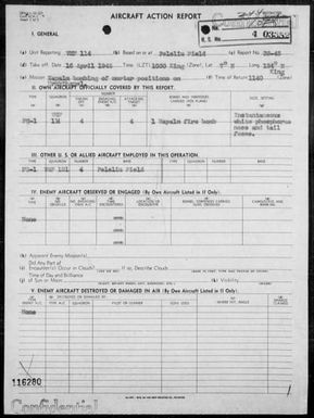 VMF-114 - ACA rep #32 - Napalm bombing & strafing mortar positions on Urukthapel Is, Palau Is on 4/16/45