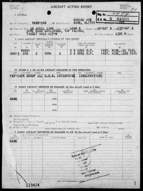 VMSB-245 - ACA report #207 - Bombing targets in the Yap Area, Carolines on 4/25/45