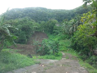 A mudslide down a small hill near a road; a result of severe storms in American Samoa in July - August 2014.